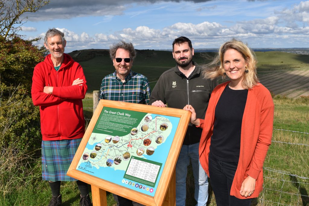 Ivinghoe Beacon board launched by Laura Kyrke-Smith MP (right) with Doug Landman & Tom Chevalier of the Icknield Way Association and Josh Kyle of National Trust